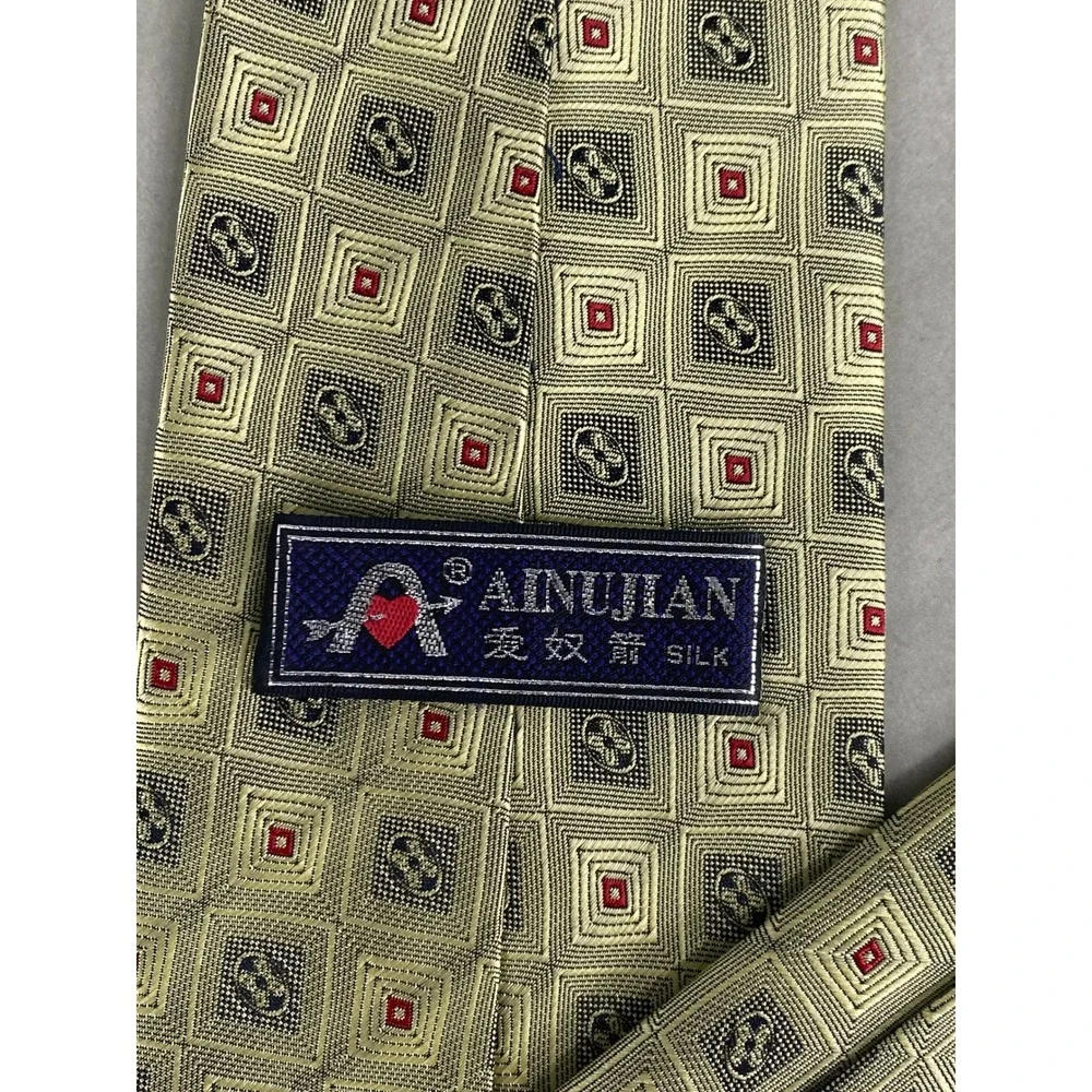 Ainujian Mens Silk Necktie Geometric Square Pattern Gold Green Red Blue 55X4